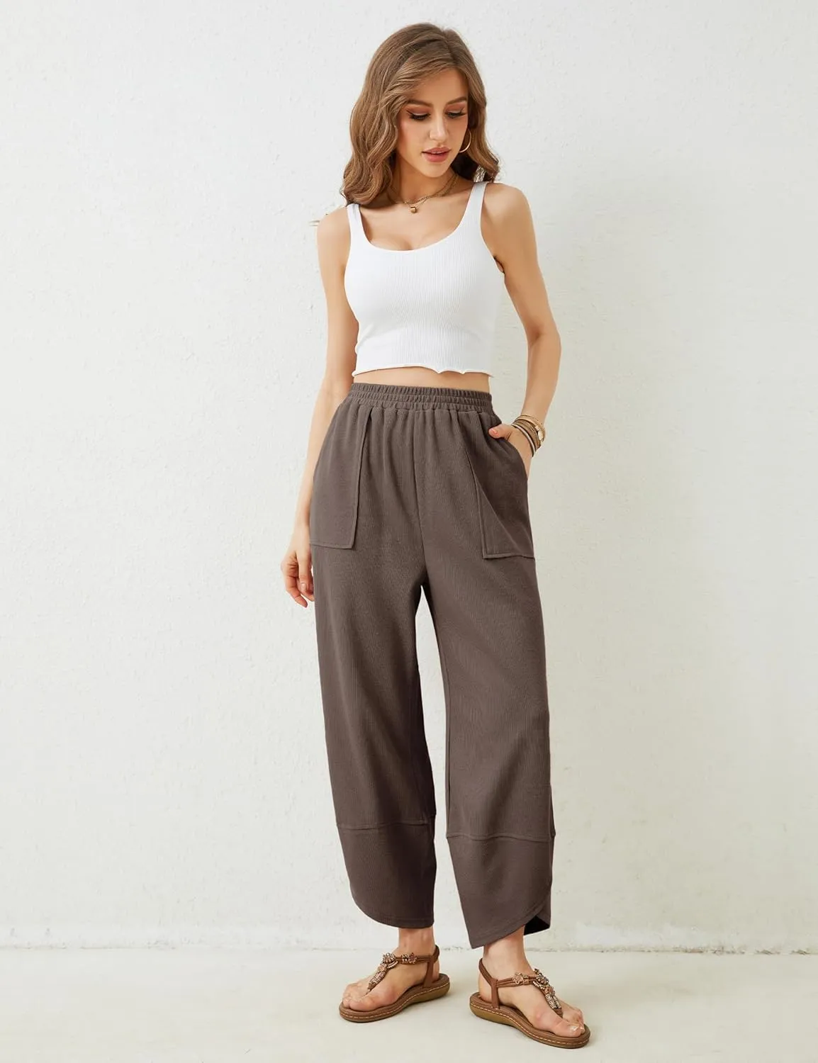 Springrain Womens Baggy Wide Leg Pants Cotton Elastic Waisted Loose Palazzo Harem Pants with Pockets