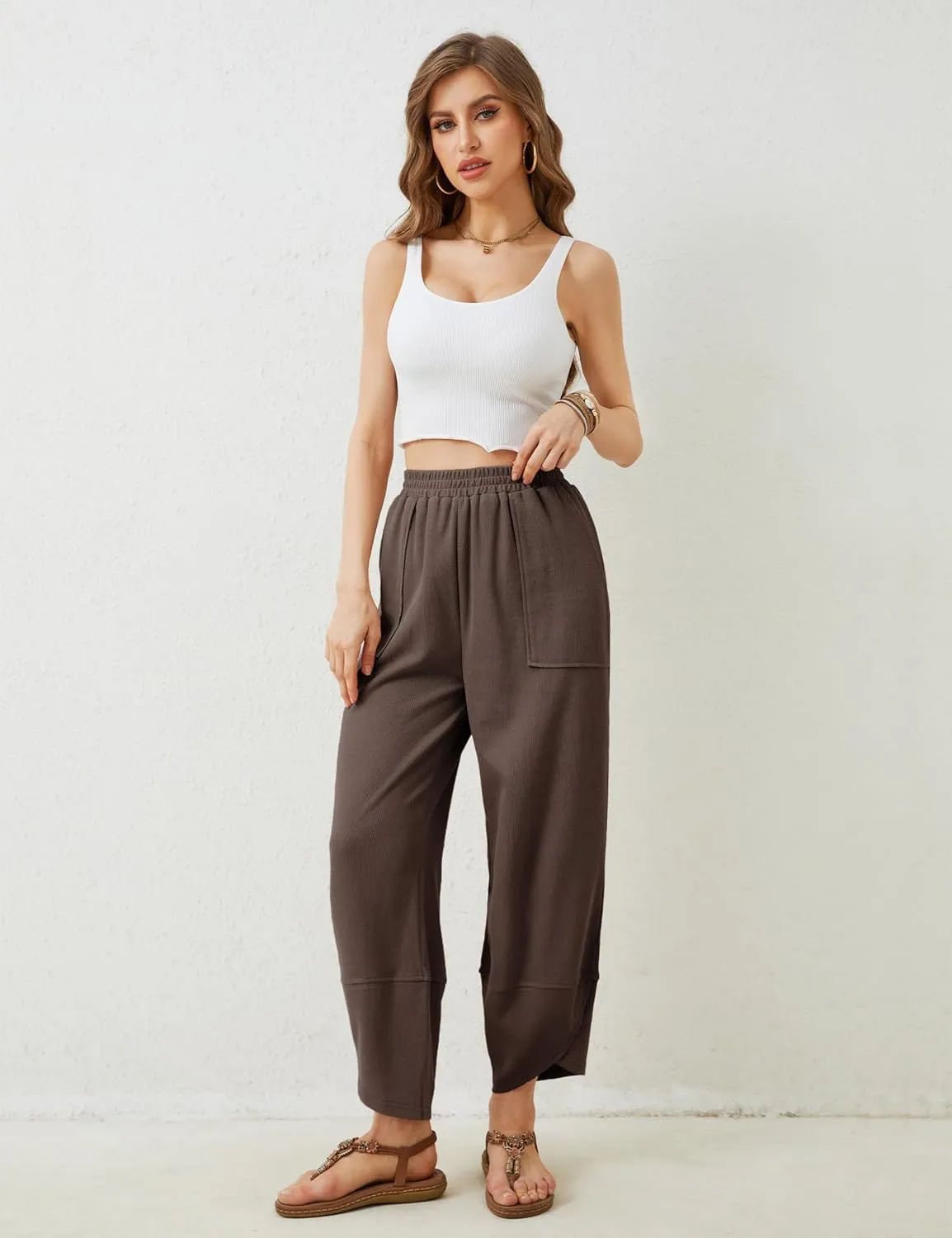 Springrain Womens Baggy Wide Leg Pants Cotton Elastic Waisted Loose Palazzo Harem Pants with Pockets