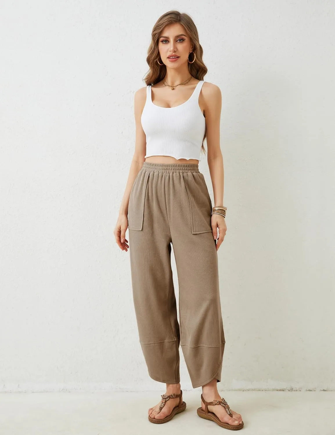Springrain Womens Baggy Wide Leg Pants Cotton Elastic Waisted Loose Palazzo Harem Pants with Pockets