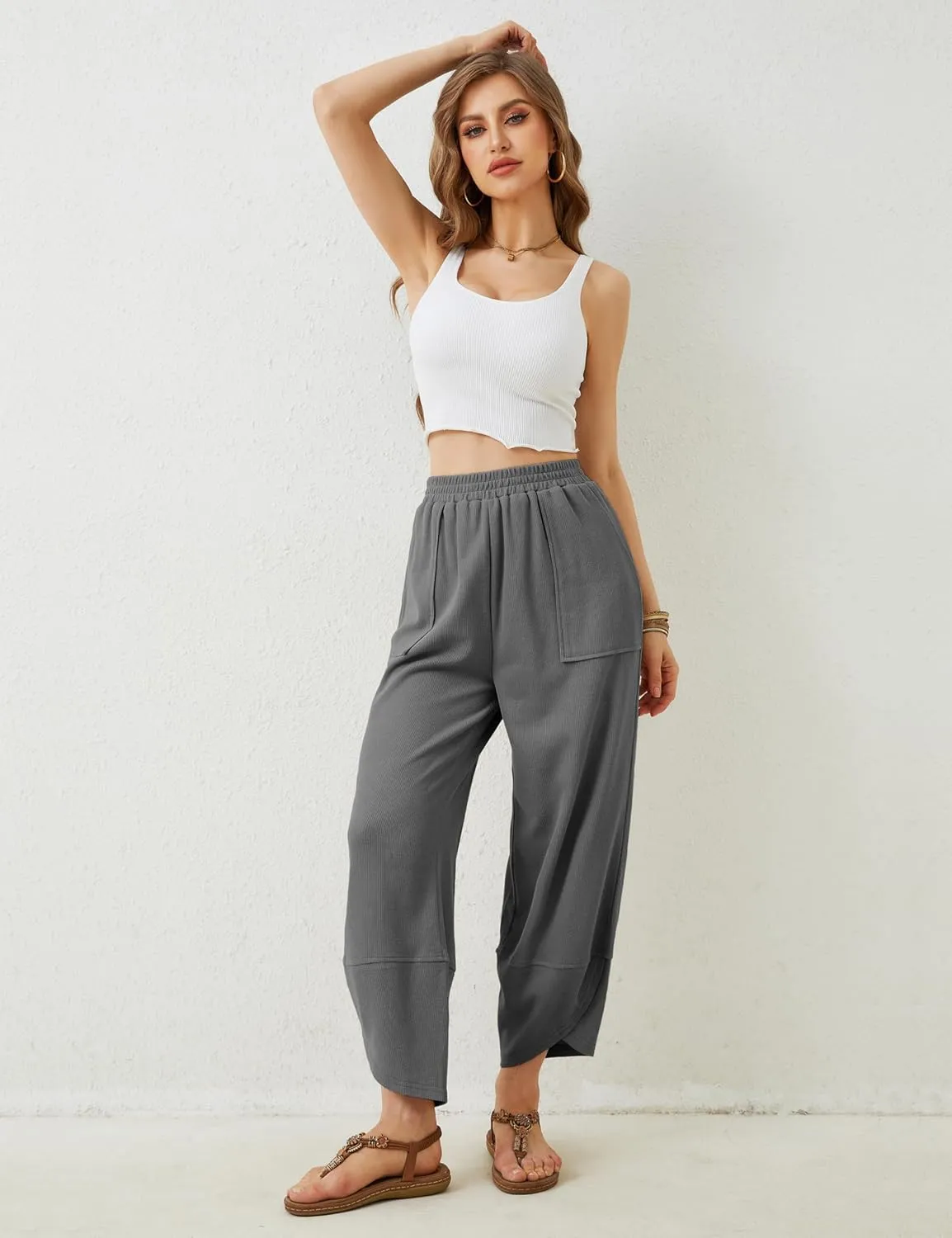 Springrain Womens Baggy Wide Leg Pants Cotton Elastic Waisted Loose Palazzo Harem Pants with Pockets