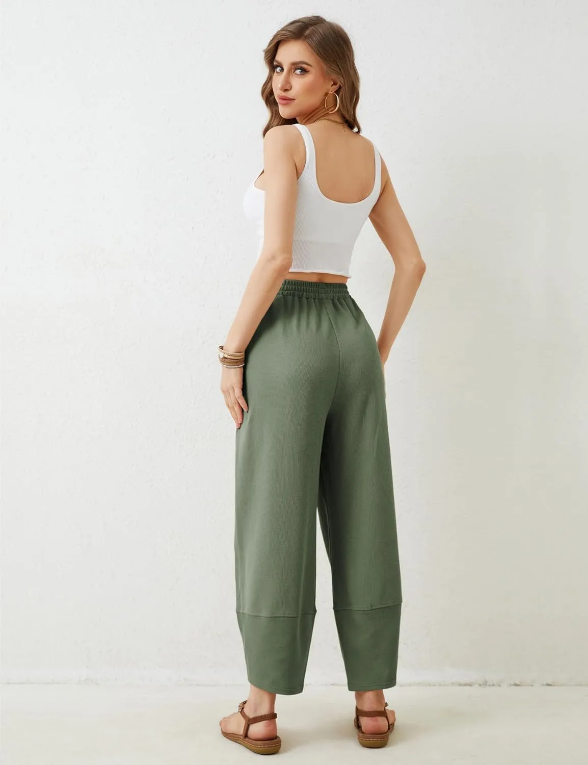 Springrain Womens Baggy Wide Leg Pants Cotton Elastic Waisted Loose Palazzo Harem Pants with Pockets