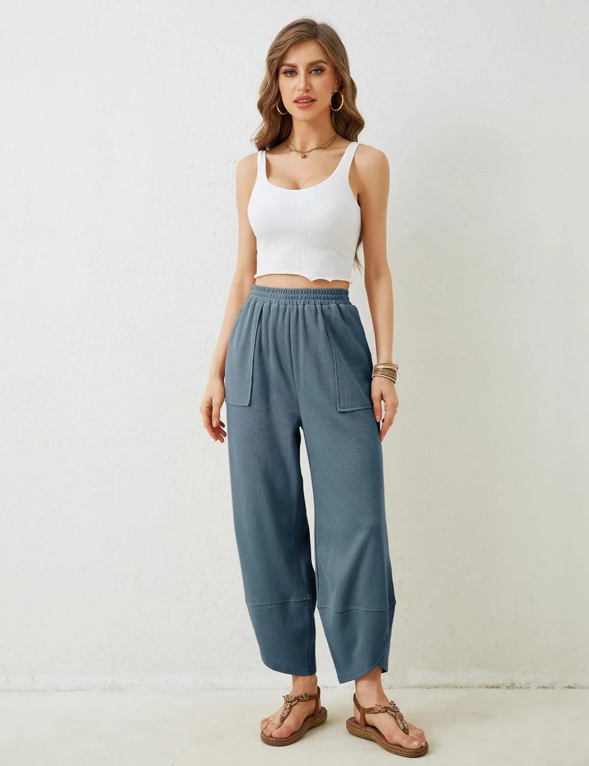Springrain Womens Baggy Wide Leg Pants Cotton Elastic Waisted Loose Palazzo Harem Pants with Pockets