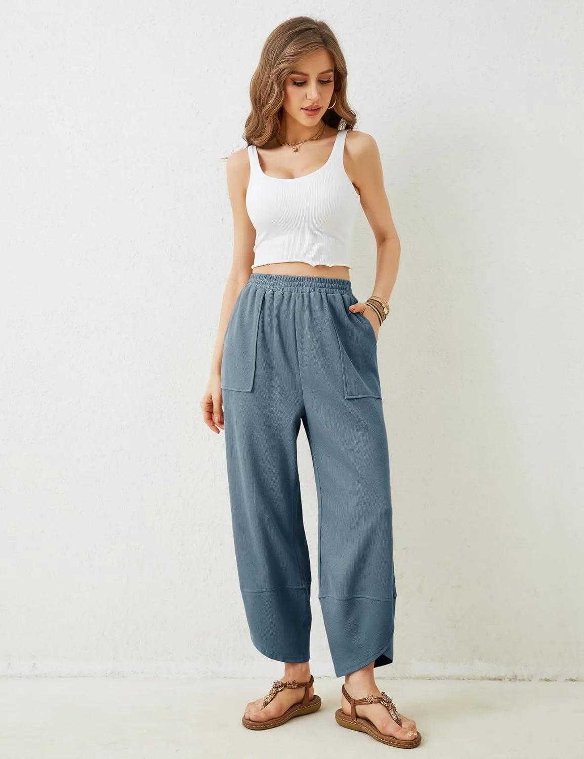 Springrain Womens Baggy Wide Leg Pants Cotton Elastic Waisted Loose Palazzo Harem Pants with Pockets