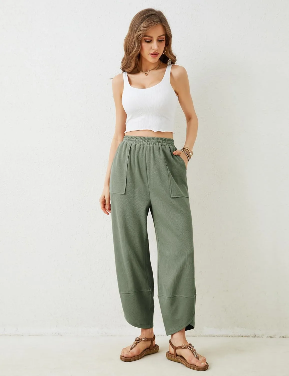 Springrain Womens Baggy Wide Leg Pants Cotton Elastic Waisted Loose Palazzo Harem Pants with Pockets