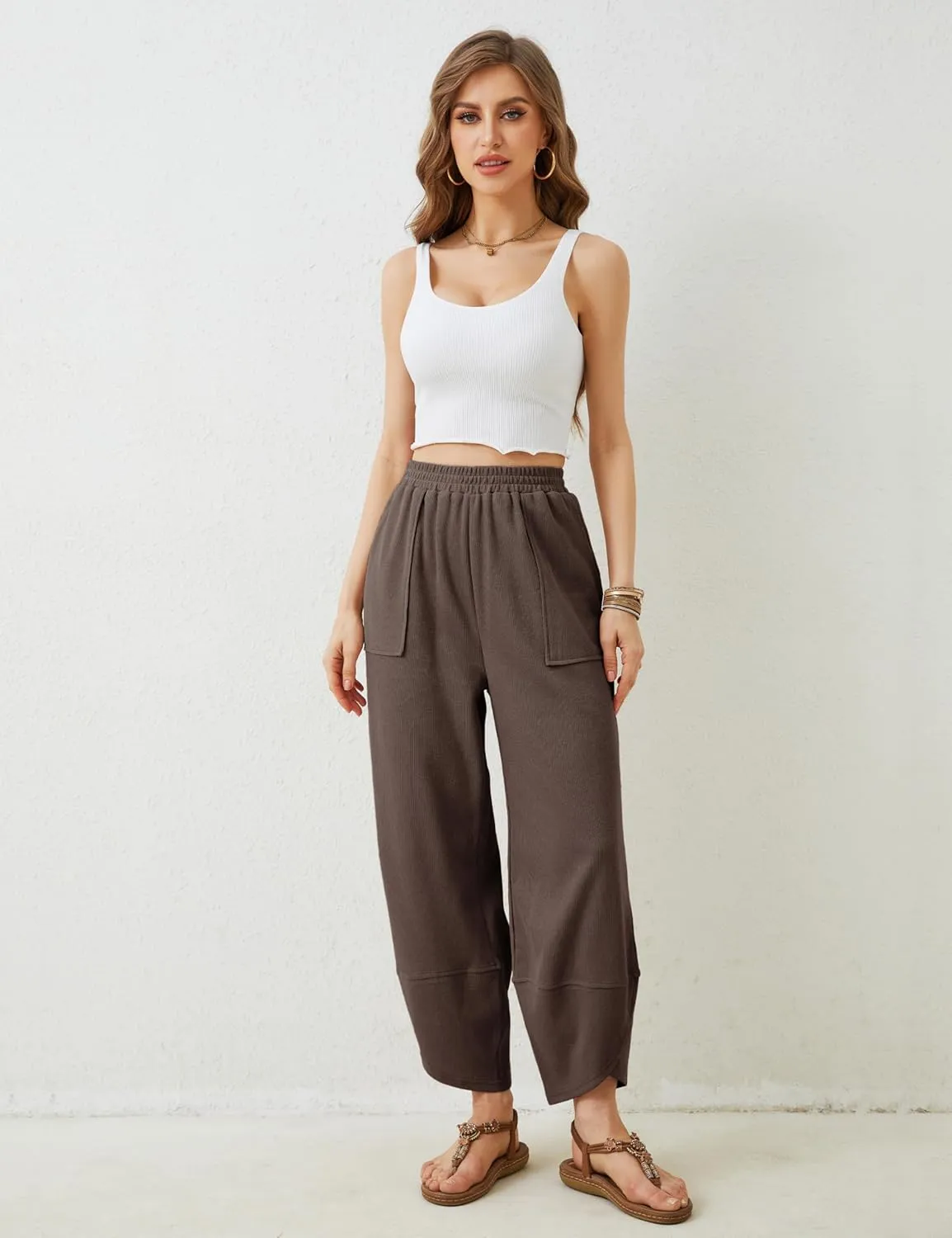 Springrain Womens Baggy Wide Leg Pants Cotton Elastic Waisted Loose Palazzo Harem Pants with Pockets