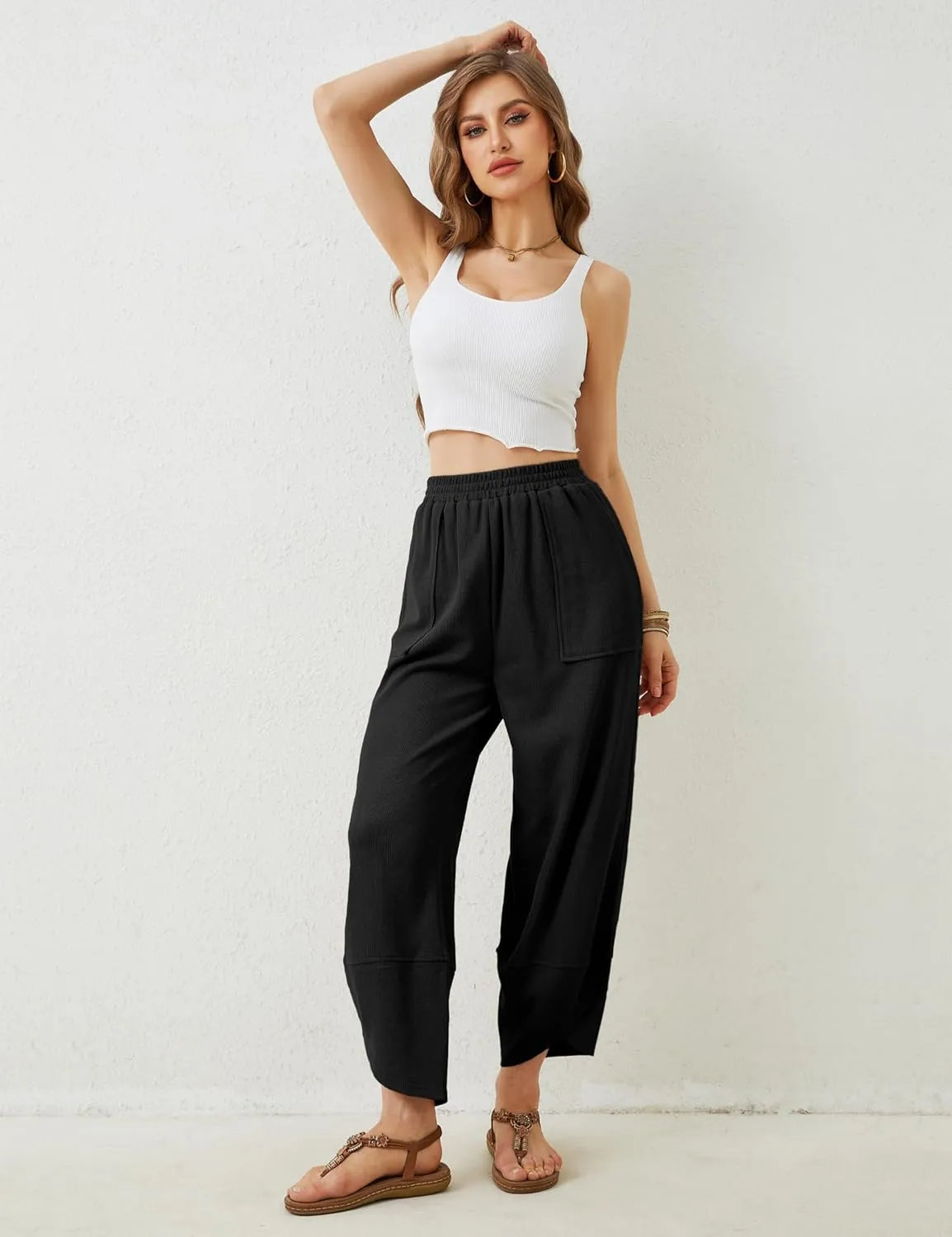 Springrain Womens Baggy Wide Leg Pants Cotton Elastic Waisted Loose Palazzo Harem Pants with Pockets