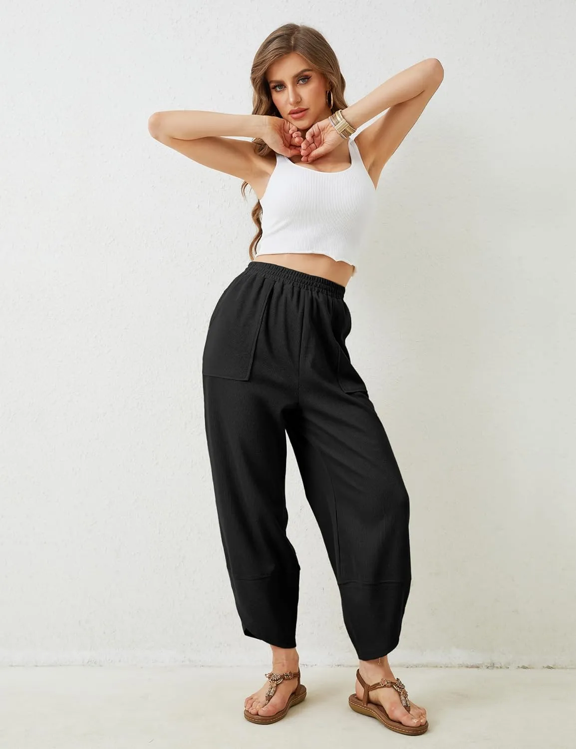Springrain Womens Baggy Wide Leg Pants Cotton Elastic Waisted Loose Palazzo Harem Pants with Pockets