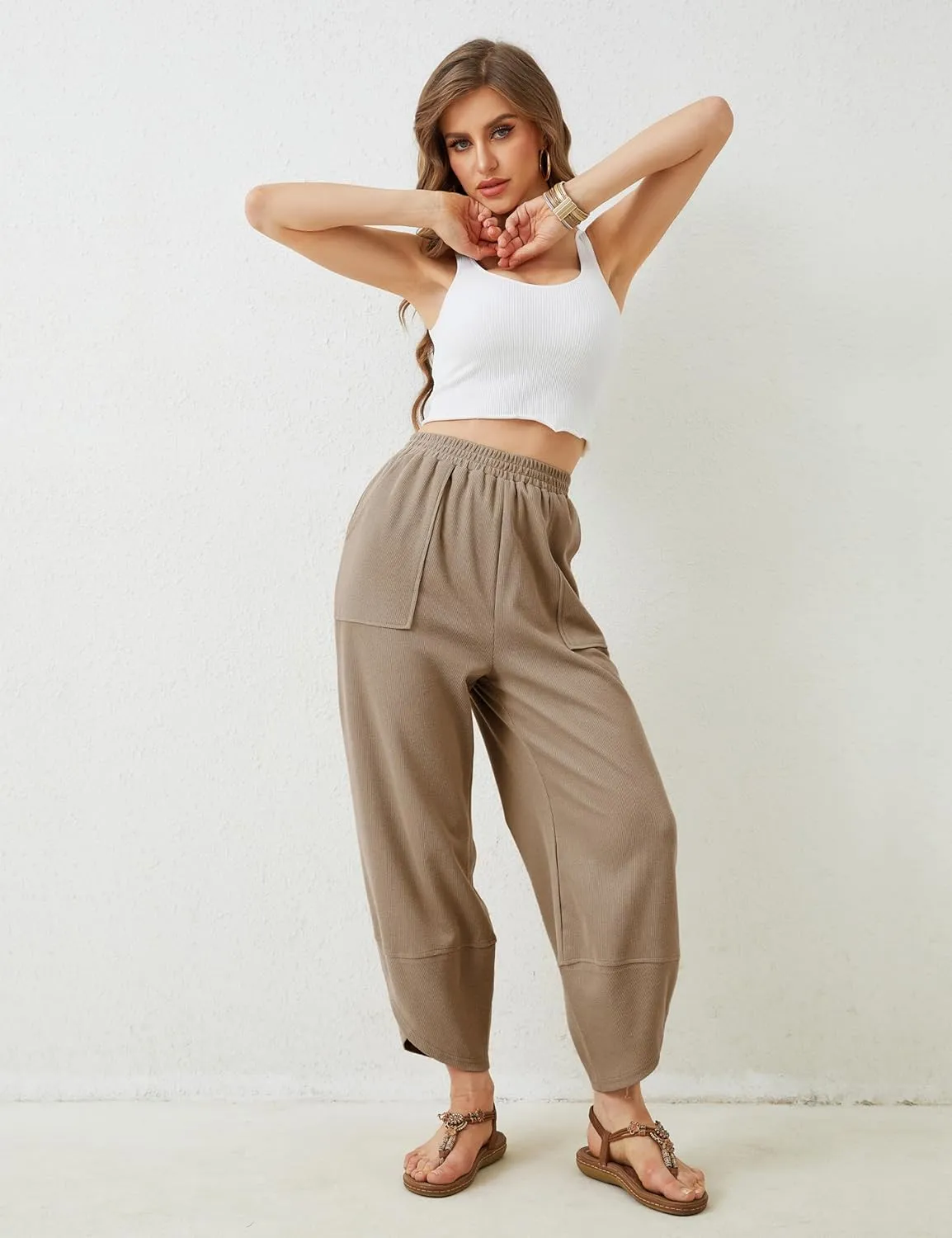 Springrain Womens Baggy Wide Leg Pants Cotton Elastic Waisted Loose Palazzo Harem Pants with Pockets