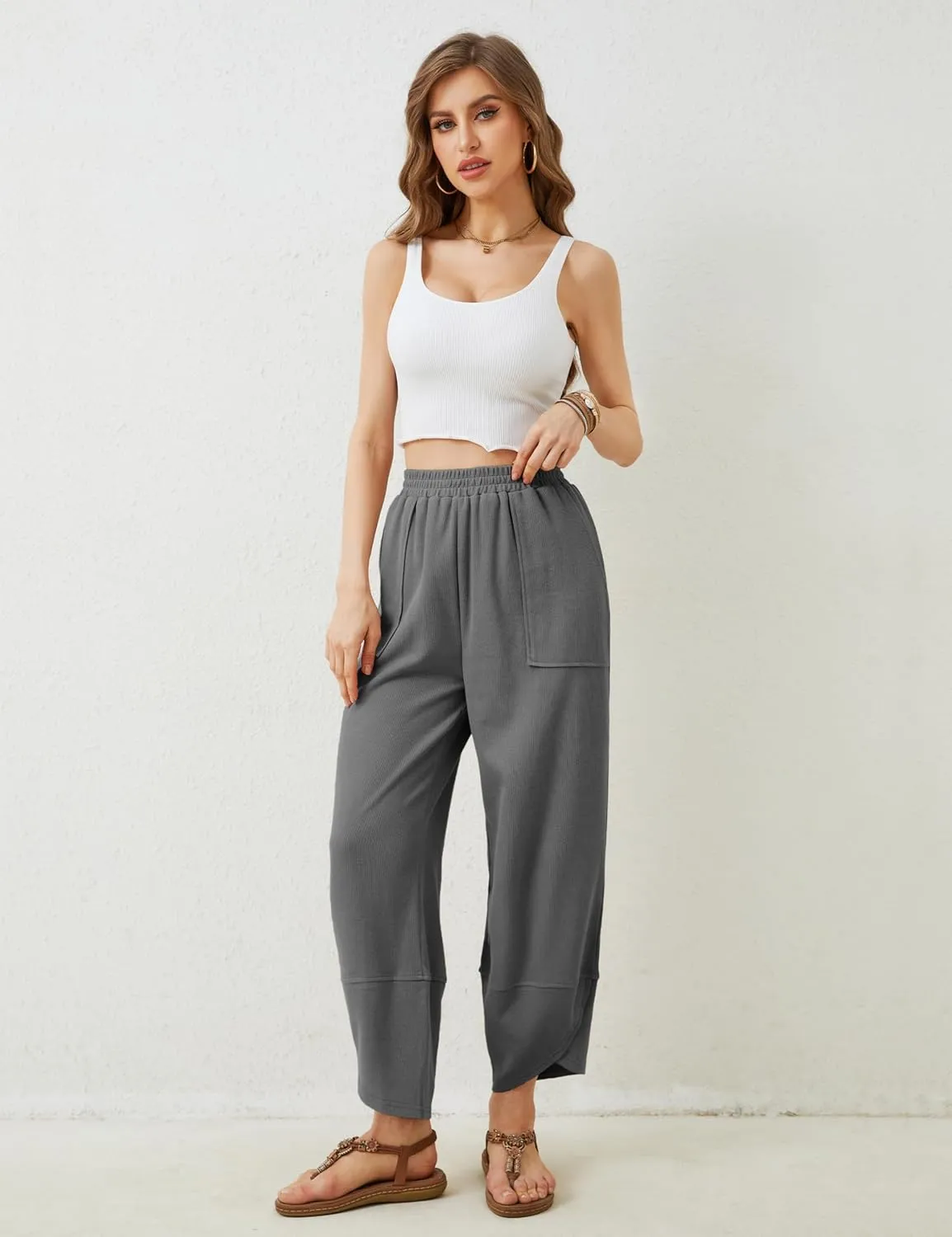 Springrain Womens Baggy Wide Leg Pants Cotton Elastic Waisted Loose Palazzo Harem Pants with Pockets