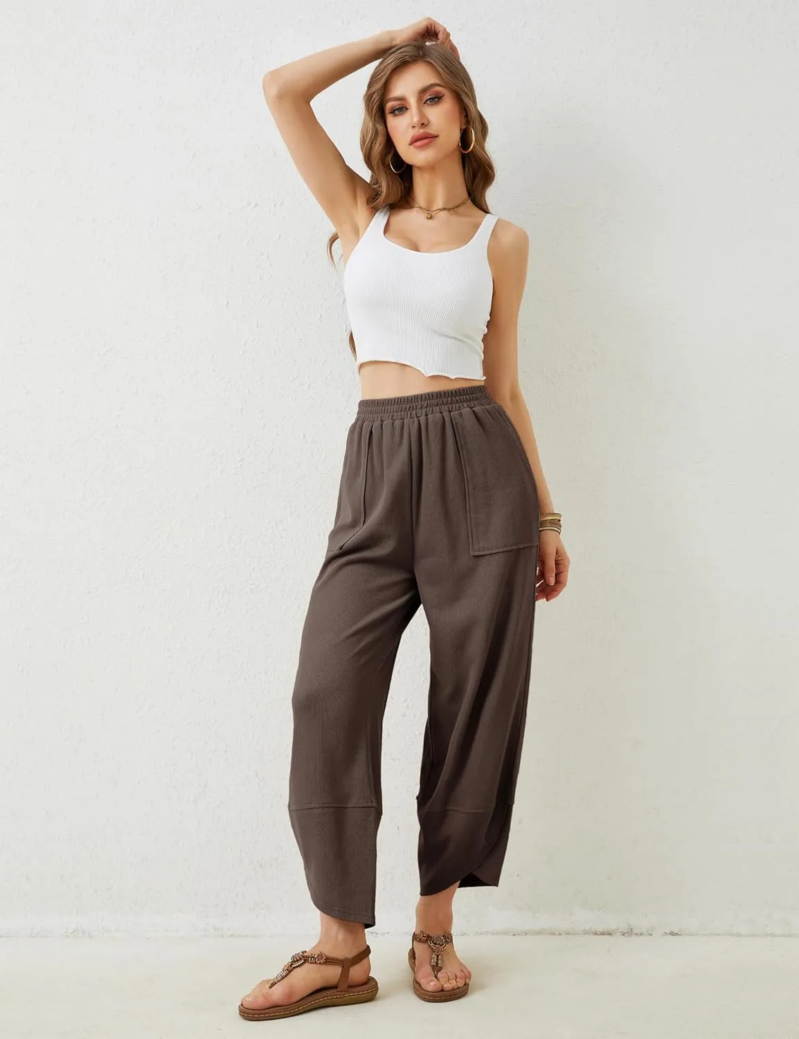Springrain Womens Baggy Wide Leg Pants Cotton Elastic Waisted Loose Palazzo Harem Pants with Pockets