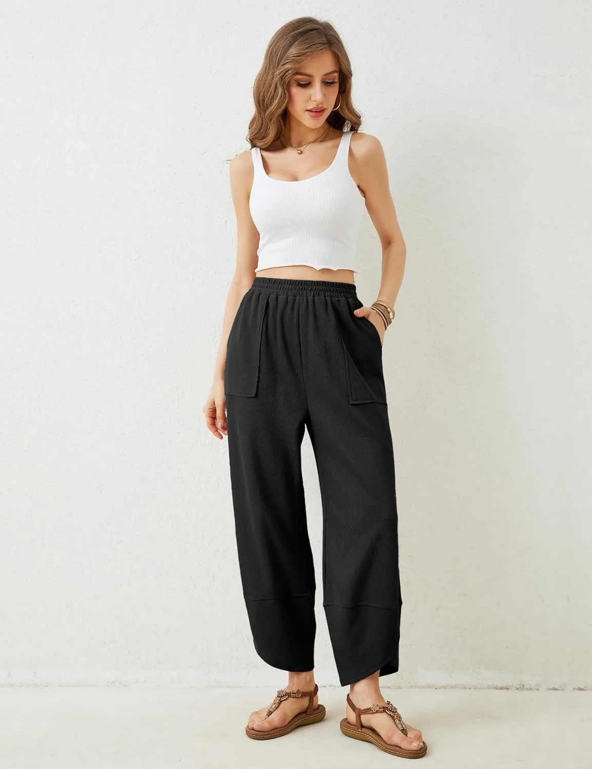 Springrain Womens Baggy Wide Leg Pants Cotton Elastic Waisted Loose Palazzo Harem Pants with Pockets