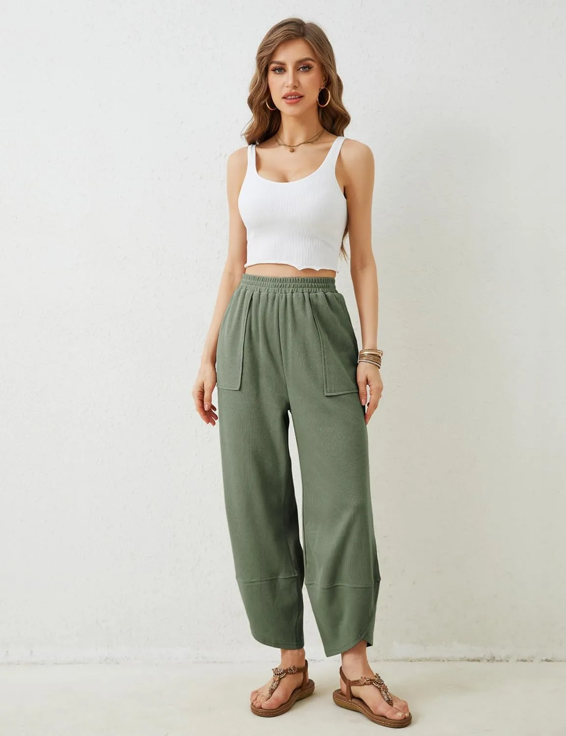 Springrain Womens Baggy Wide Leg Pants Cotton Elastic Waisted Loose Palazzo Harem Pants with Pockets