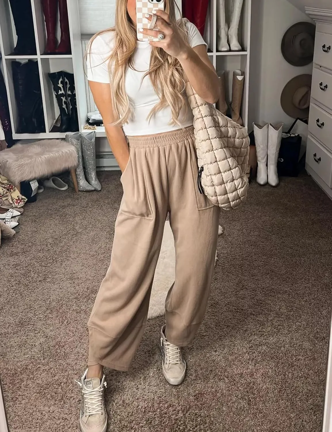 Springrain Womens Baggy Wide Leg Pants Cotton Elastic Waisted Loose Palazzo Harem Pants with Pockets