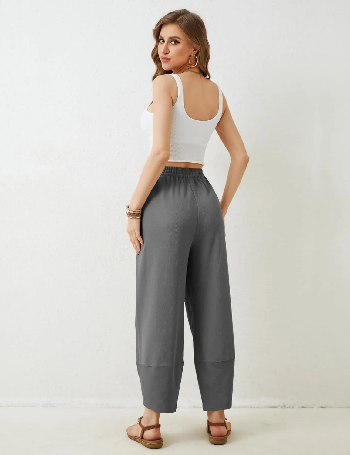 Springrain Womens Baggy Wide Leg Pants Cotton Elastic Waisted Loose Palazzo Harem Pants with Pockets