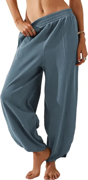 Springrain Womens Baggy Wide Leg Pants Cotton Elastic Waisted Loose Palazzo Harem Pants with Pockets