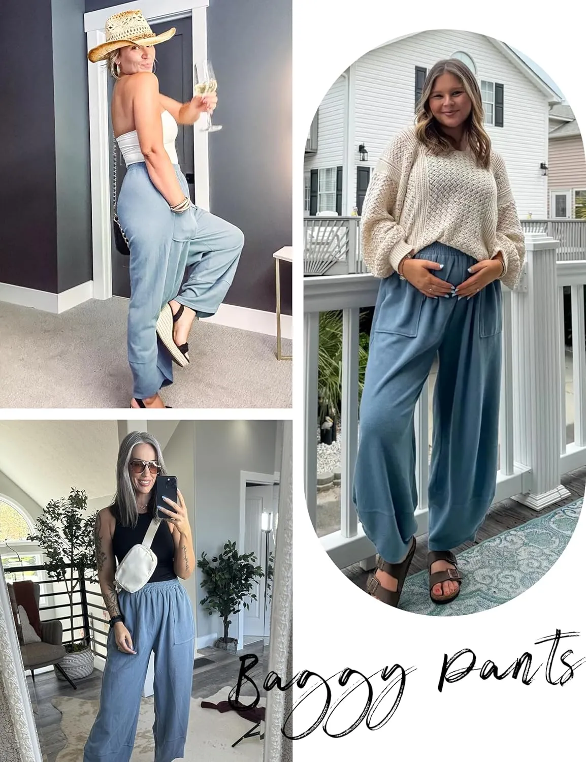 Springrain Womens Baggy Wide Leg Pants Cotton Elastic Waisted Loose Palazzo Harem Pants with Pockets
