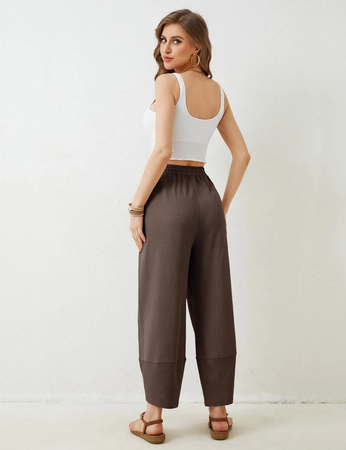 Springrain Womens Baggy Wide Leg Pants Cotton Elastic Waisted Loose Palazzo Harem Pants with Pockets