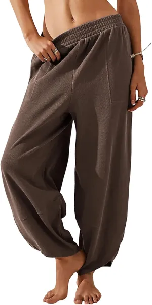 Springrain Womens Baggy Wide Leg Pants Cotton Elastic Waisted Loose Palazzo Harem Pants with Pockets