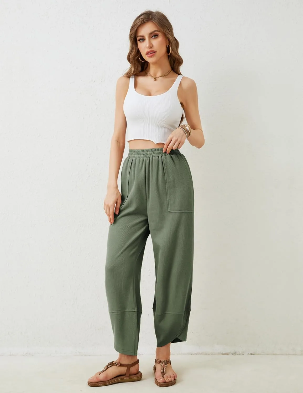 Springrain Womens Baggy Wide Leg Pants Cotton Elastic Waisted Loose Palazzo Harem Pants with Pockets