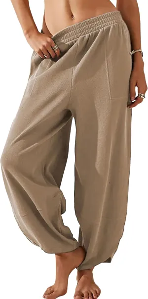 Springrain Womens Baggy Wide Leg Pants Cotton Elastic Waisted Loose Palazzo Harem Pants with Pockets