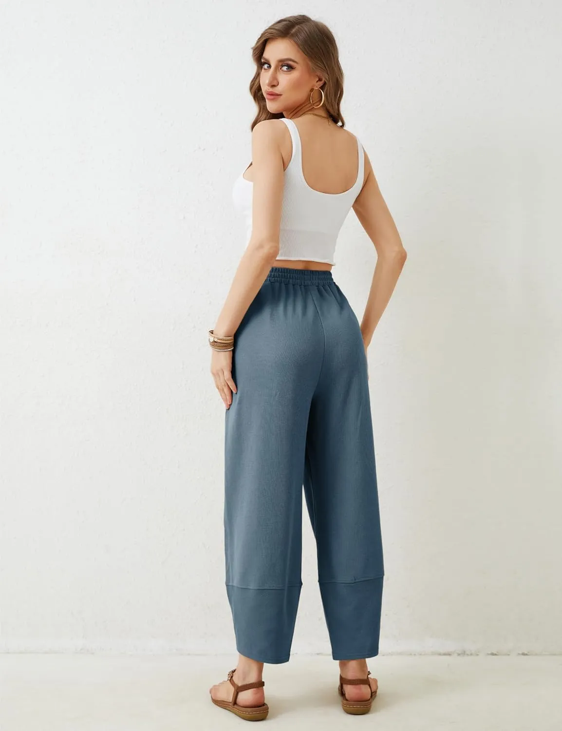 Springrain Womens Baggy Wide Leg Pants Cotton Elastic Waisted Loose Palazzo Harem Pants with Pockets