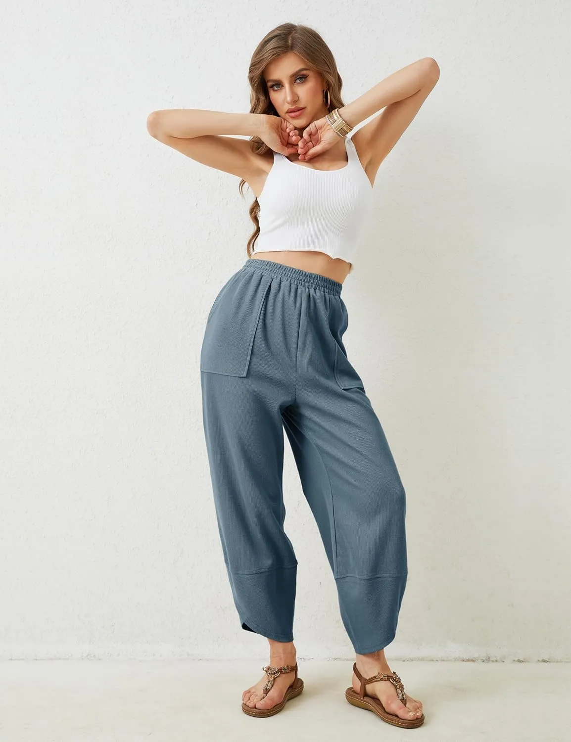Springrain Womens Baggy Wide Leg Pants Cotton Elastic Waisted Loose Palazzo Harem Pants with Pockets