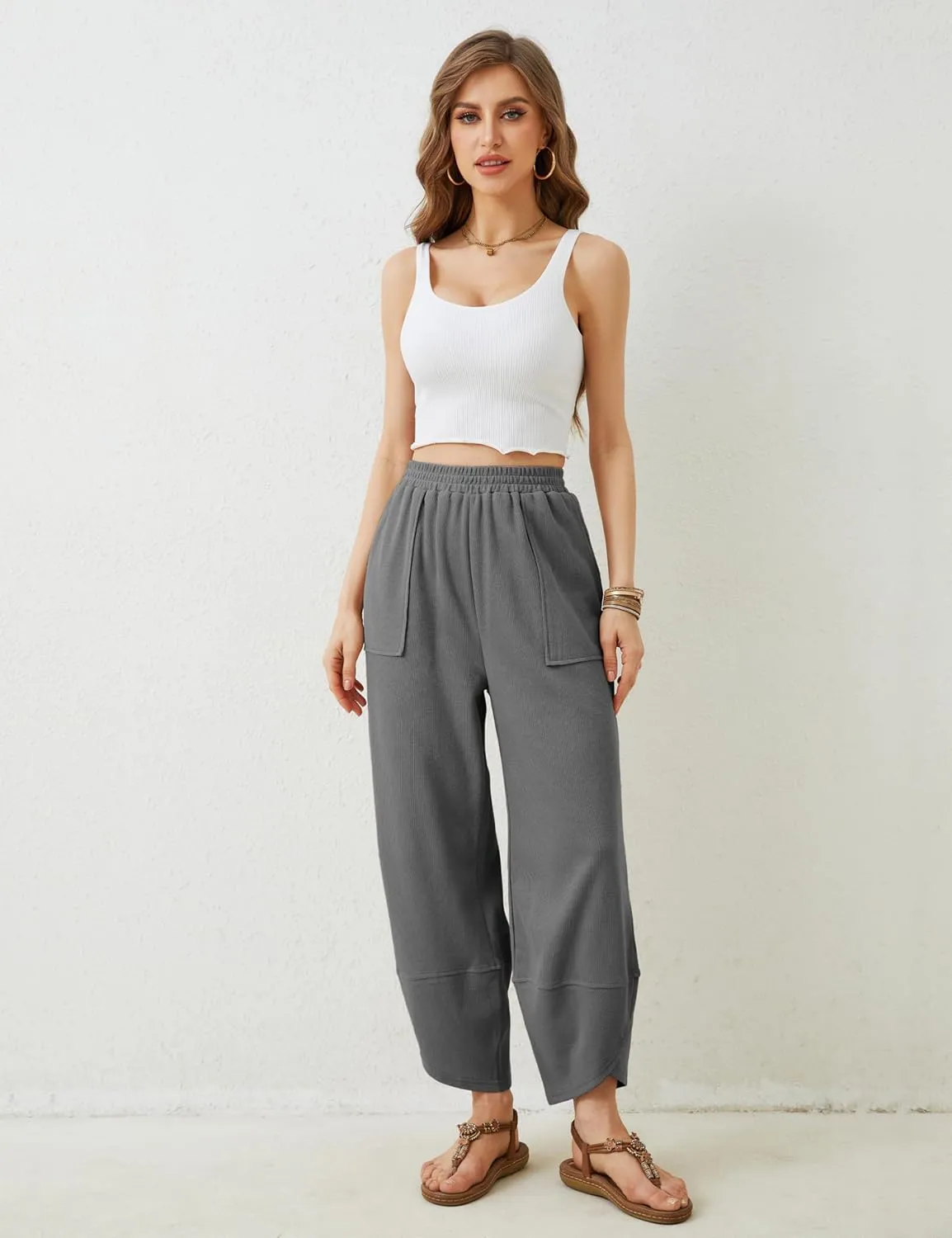 Springrain Womens Baggy Wide Leg Pants Cotton Elastic Waisted Loose Palazzo Harem Pants with Pockets