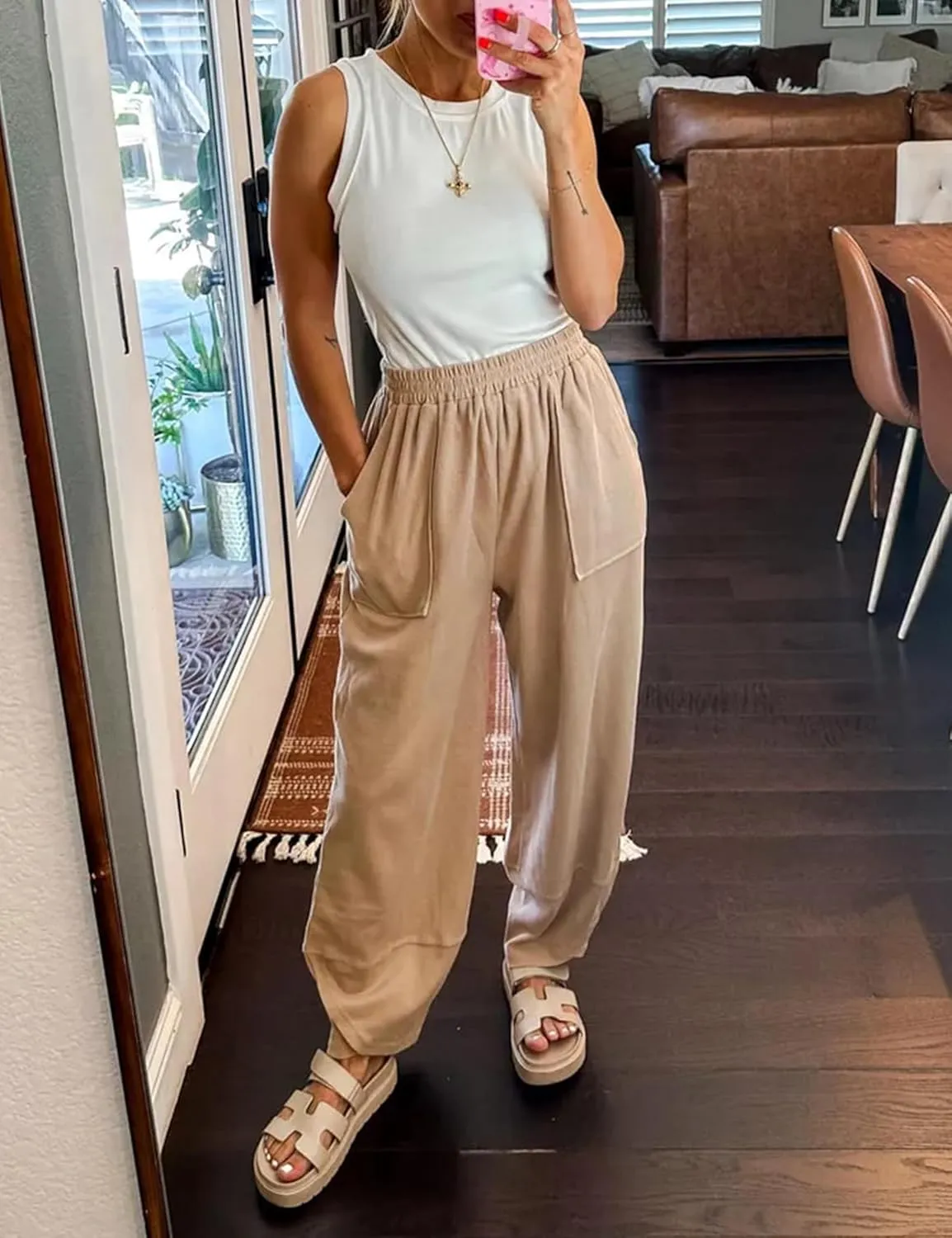 Springrain Womens Baggy Wide Leg Pants Cotton Elastic Waisted Loose Palazzo Harem Pants with Pockets