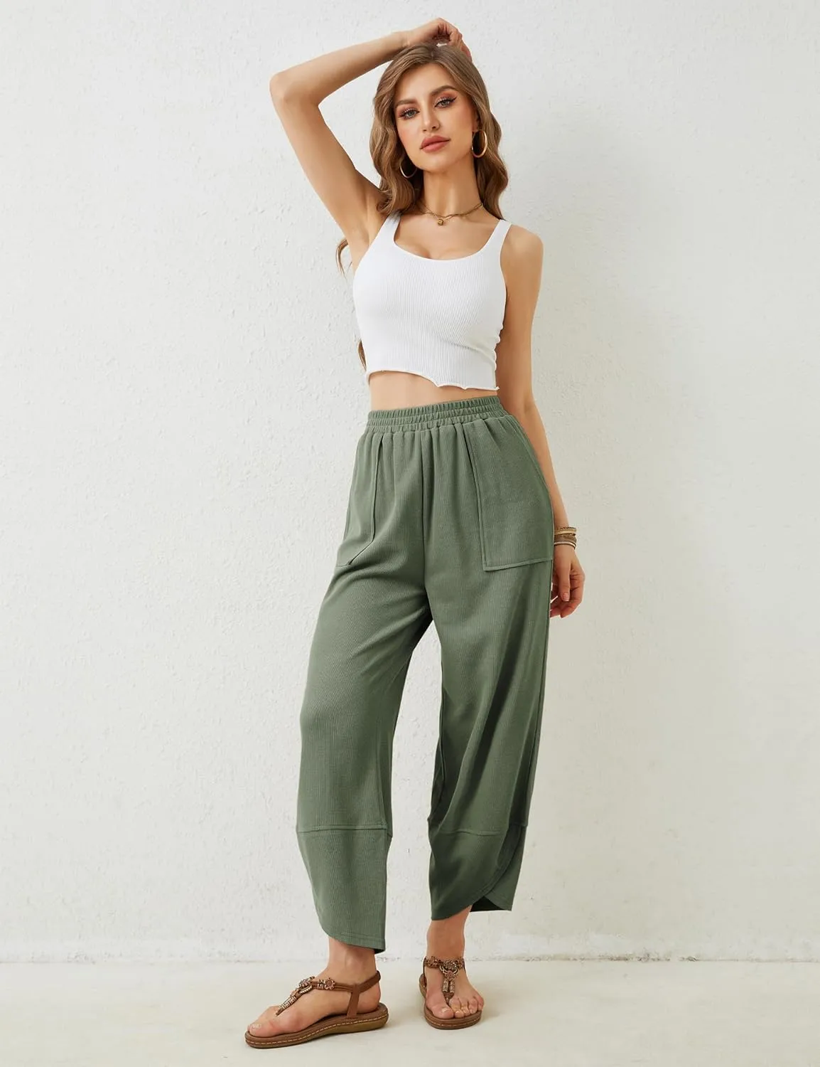 Springrain Womens Baggy Wide Leg Pants Cotton Elastic Waisted Loose Palazzo Harem Pants with Pockets