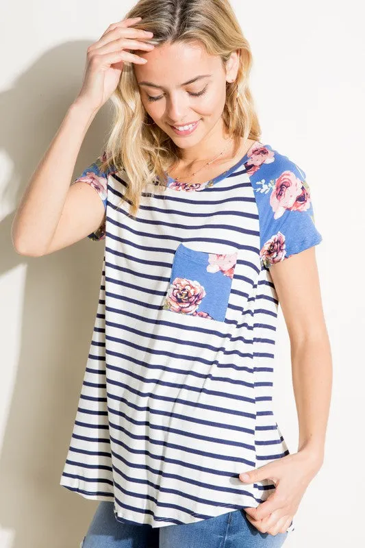 Stripe Floral Mix Pocket Tee