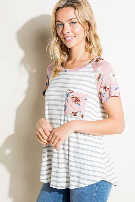 Stripe Floral Mix Pocket Tee