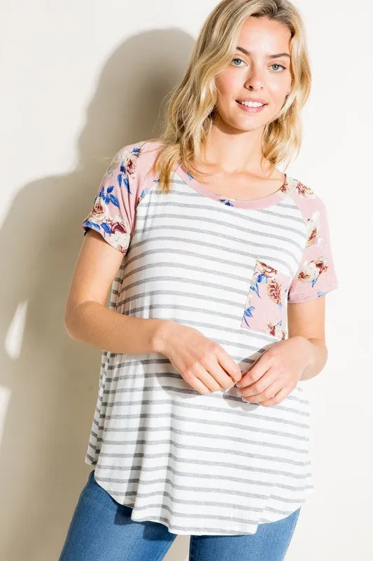 Stripe Floral Mix Pocket Tee