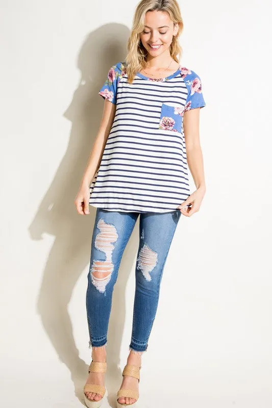 Stripe Floral Mix Pocket Tee