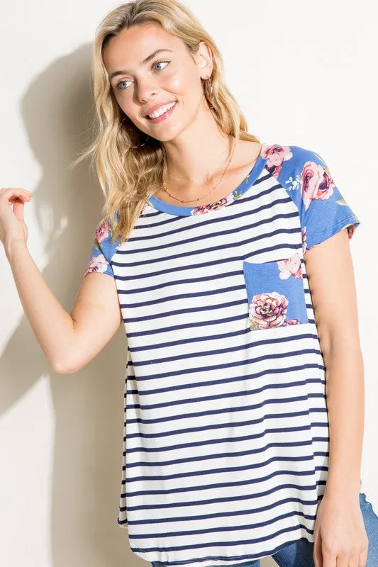 Stripe Floral Mix Pocket Tee
