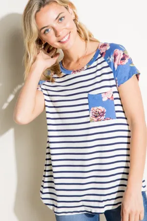 Stripe Floral Mix Pocket Tee