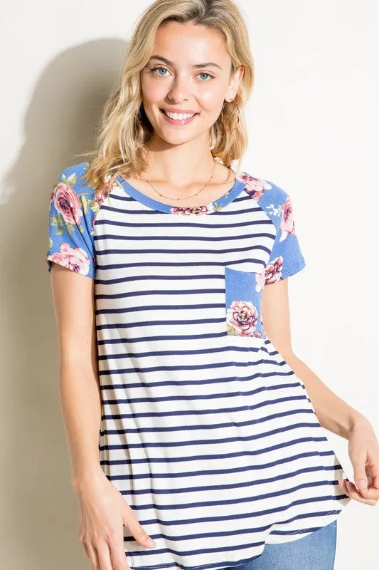 Stripe Floral Mix Pocket Tee