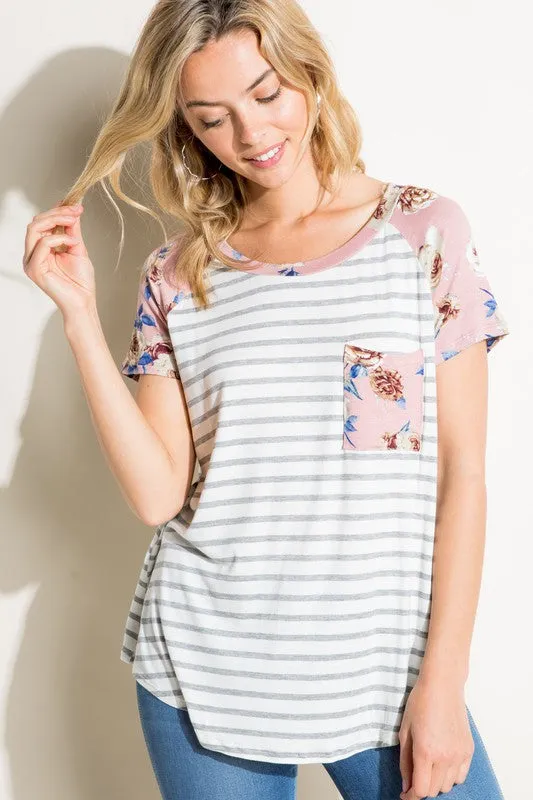 Stripe Floral Mix Pocket Tee