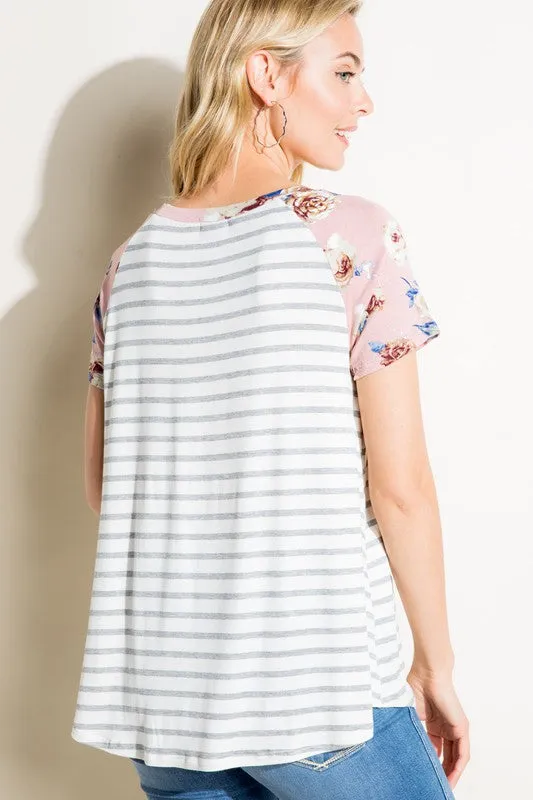 Stripe Floral Mix Pocket Tee