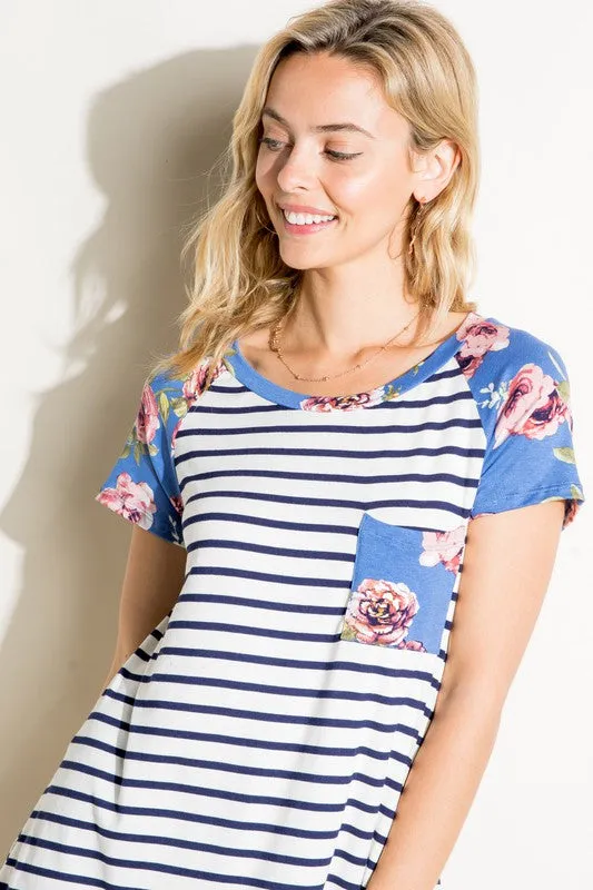 Stripe Floral Mix Pocket Tee