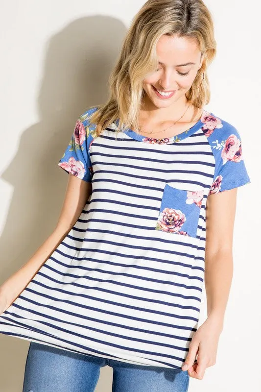Stripe Floral Mix Pocket Tee