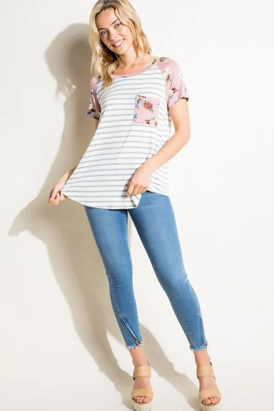 Stripe Floral Mix Pocket Tee