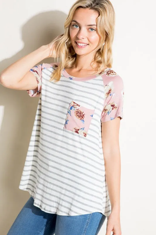 Stripe Floral Mix Pocket Tee