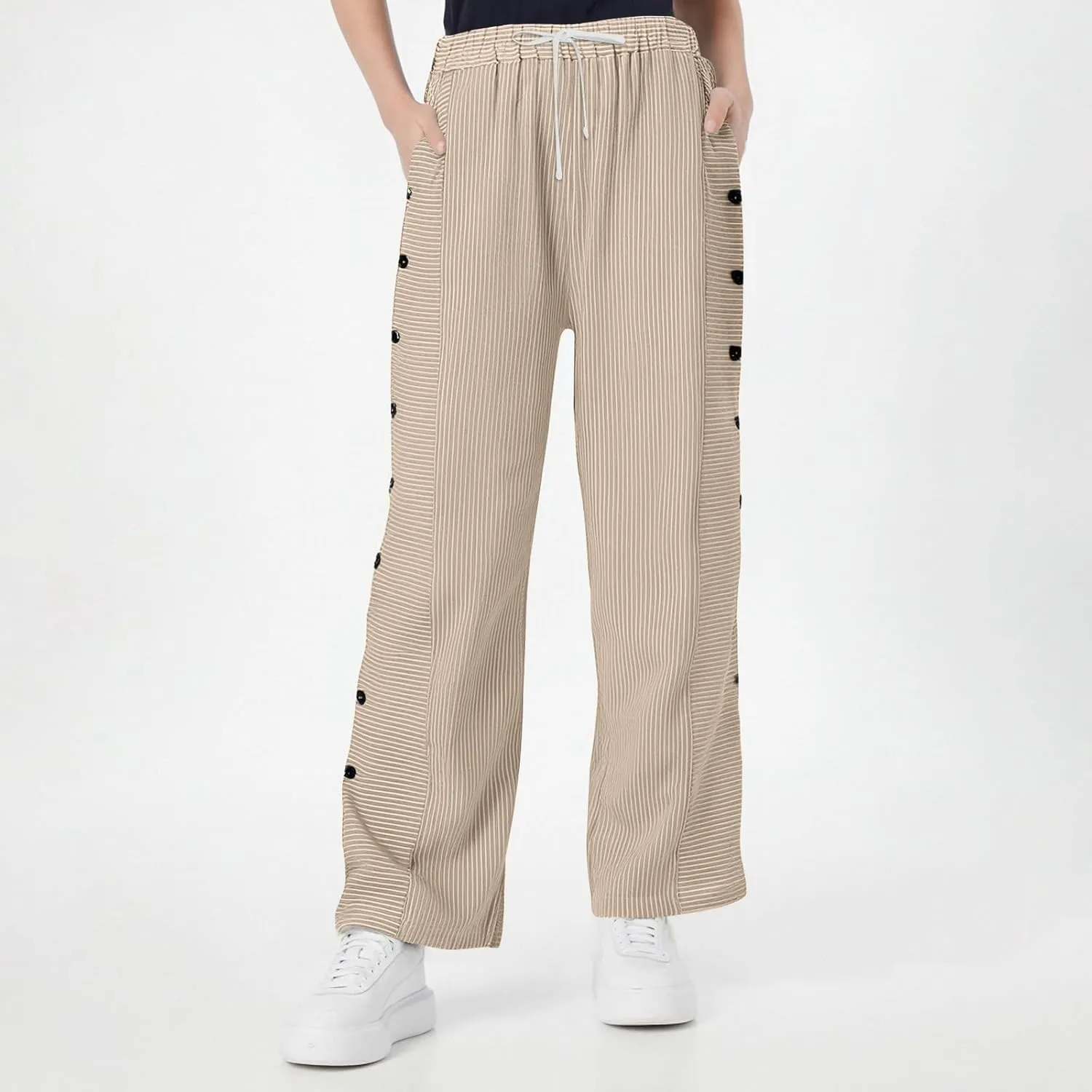 Striped Linen Pants Women Cropped Side Button Elastic Waist Capris Lightweight Summer Beach Trousers with Pocket