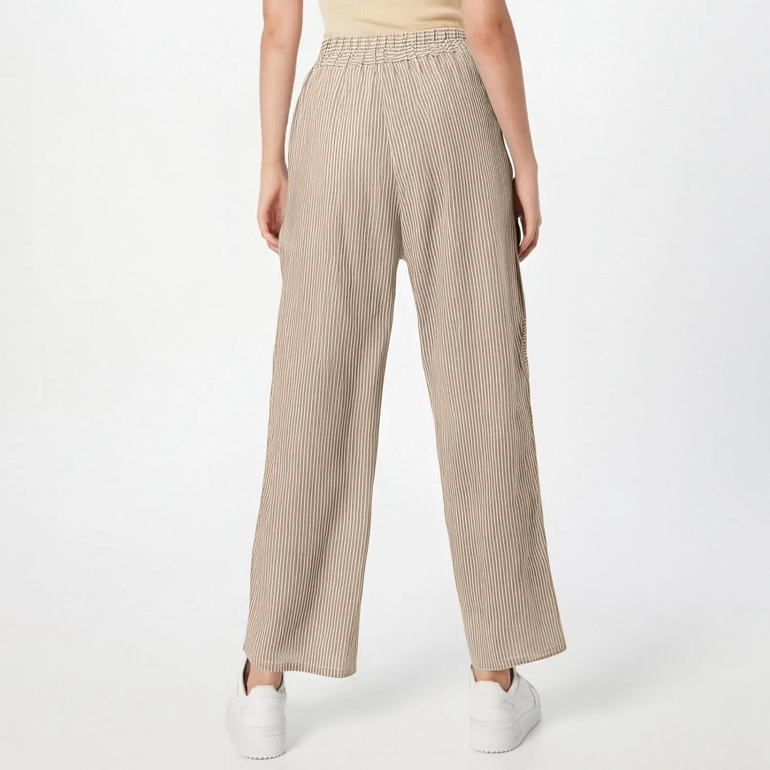 Striped Linen Pants Women Cropped Side Button Elastic Waist Capris Lightweight Summer Beach Trousers with Pocket
