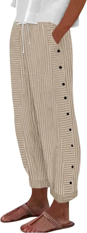 Striped Linen Pants Women Cropped Side Button Elastic Waist Capris Lightweight Summer Beach Trousers with Pocket