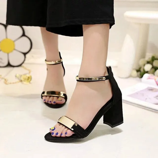 Suede Chunky Heel Ankle Strap Peep-toe Metal Sandals