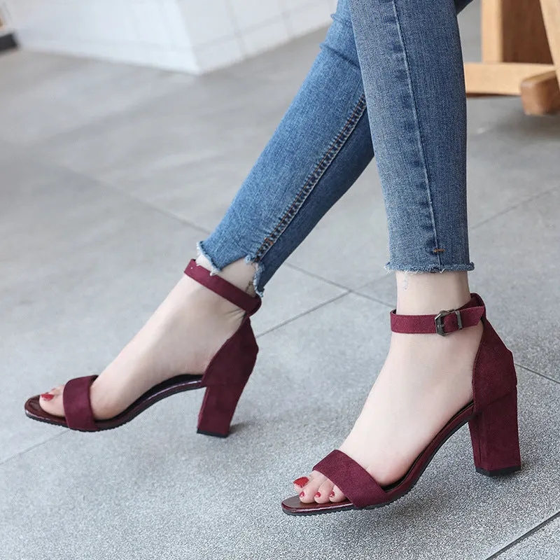 Suede Open Toe Ankle Wrap Chunky High Heels Sandals