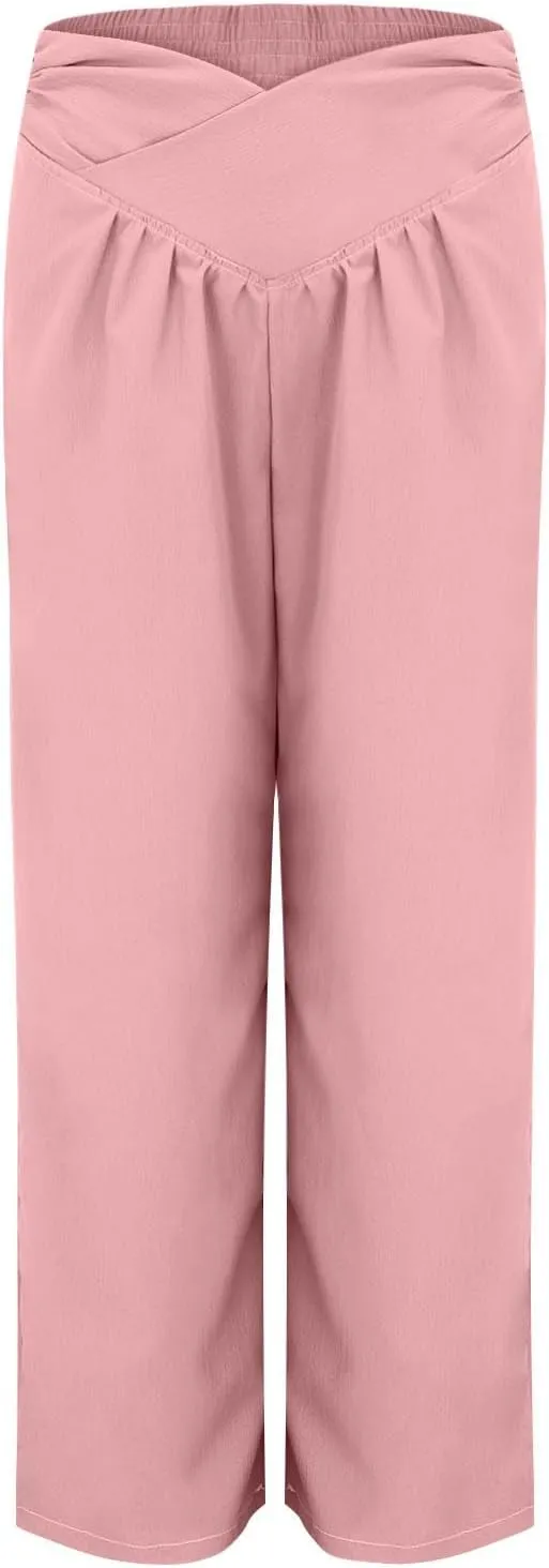 Summer Drawstring Casual Lounge Pant Cotton and Linen Wide Leg Pants Flowy Wide Leg Beach Pants with Pockets Women