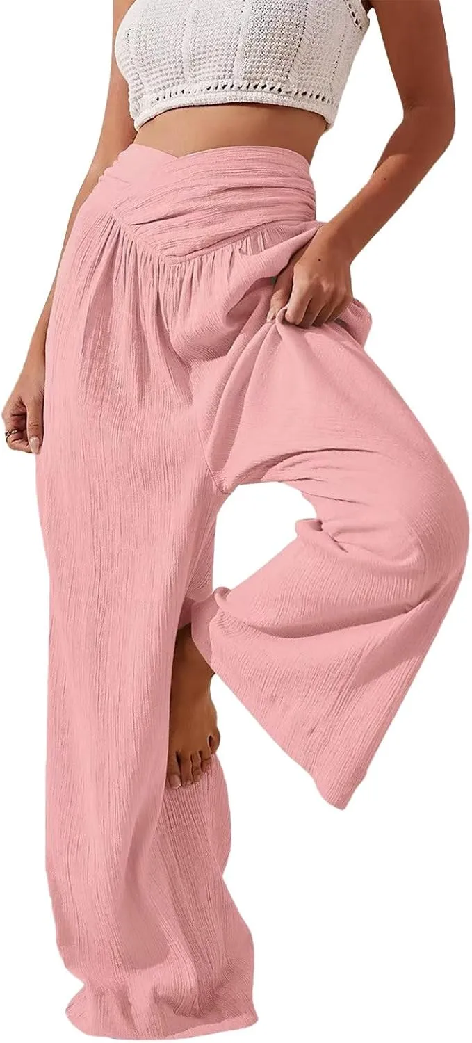 Summer Drawstring Casual Lounge Pant Cotton and Linen Wide Leg Pants Flowy Wide Leg Beach Pants with Pockets Women
