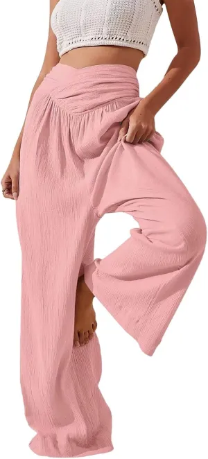 Summer Drawstring Casual Lounge Pant Cotton and Linen Wide Leg Pants Flowy Wide Leg Beach Pants with Pockets Women